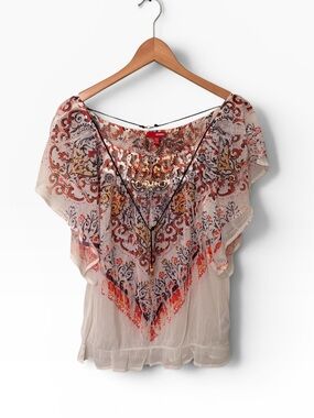 BONGO Juniors XL Cream Boho Printed Flutter-Sleeve Blouse Tribal Coral Accents